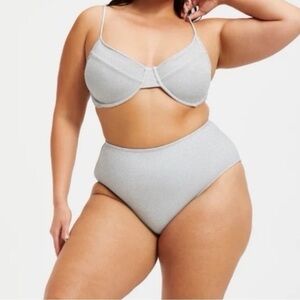 NEW Good American Glitter Sparkle Two Piece Swimsuit Bikini Silver 1 Small S NWT